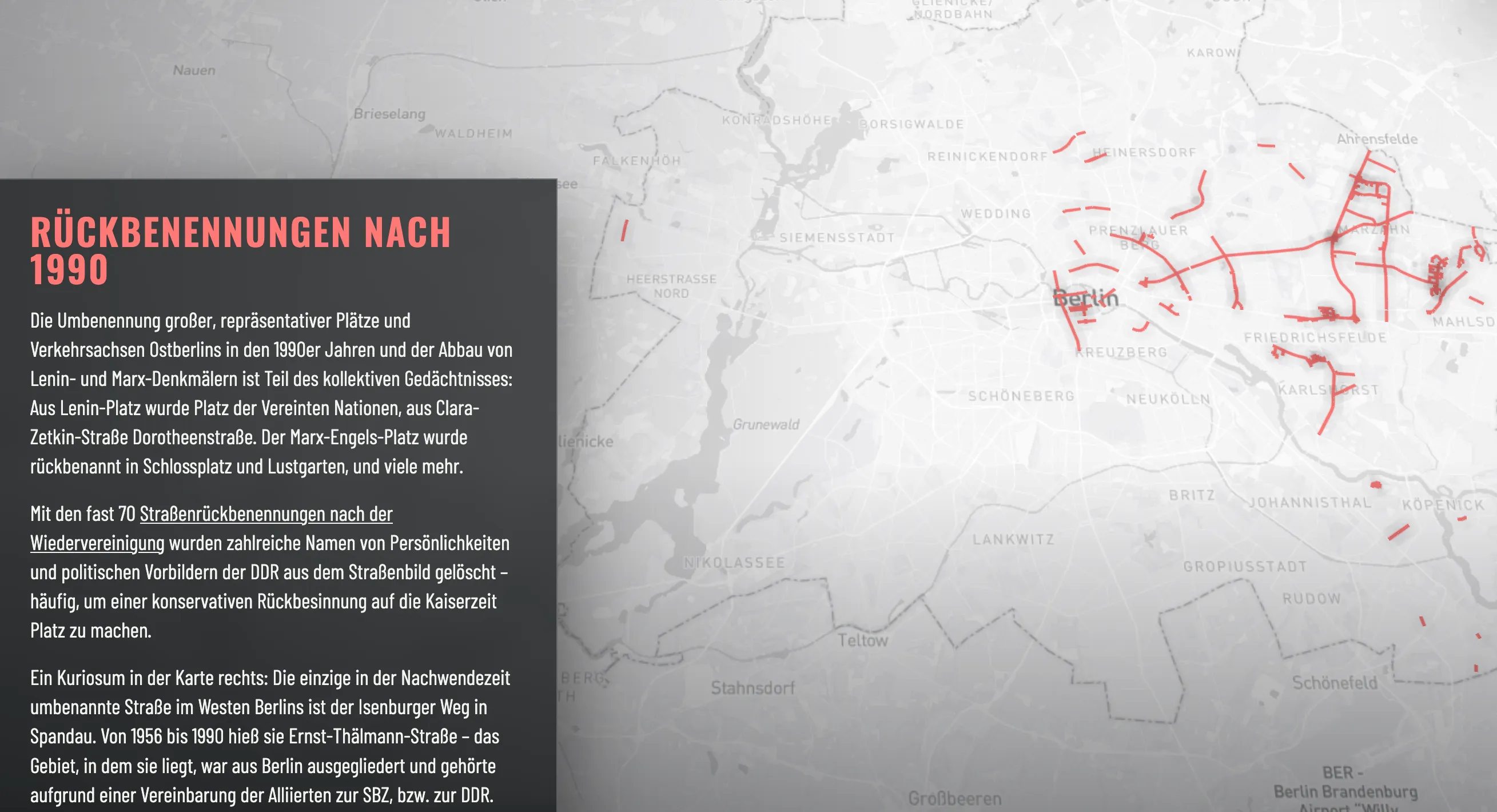 Screenshot: Ausschnitt aus dem Scrollytelling zu Straßenrückbenennungen nach 1990