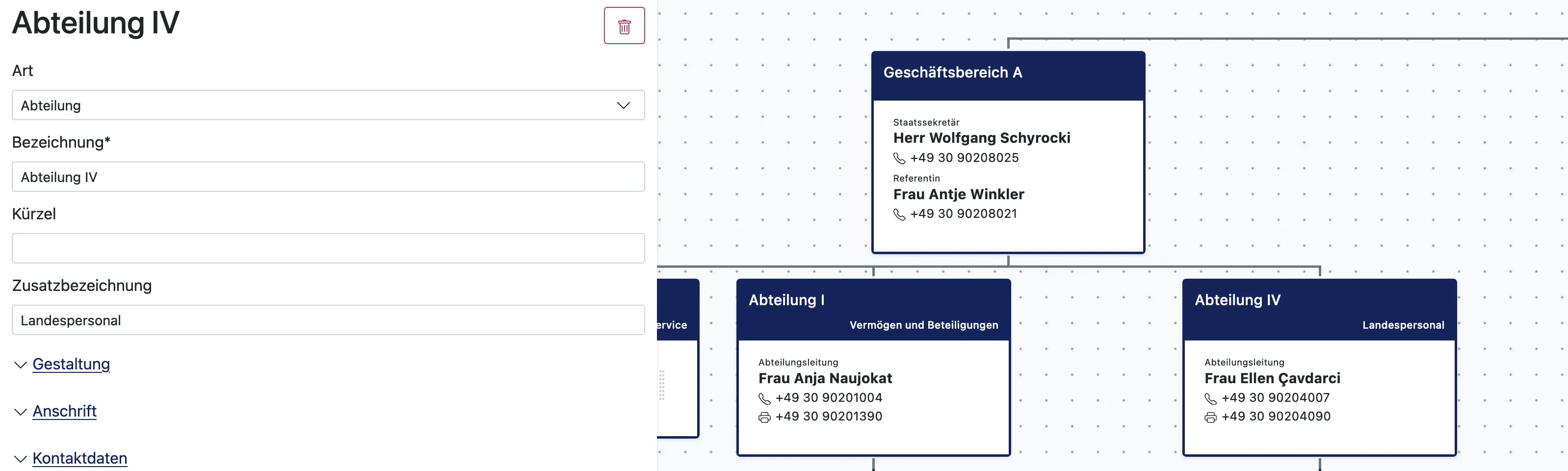 Zweiter Schritt - Informationen zu einer Organisationseinheit eintragen